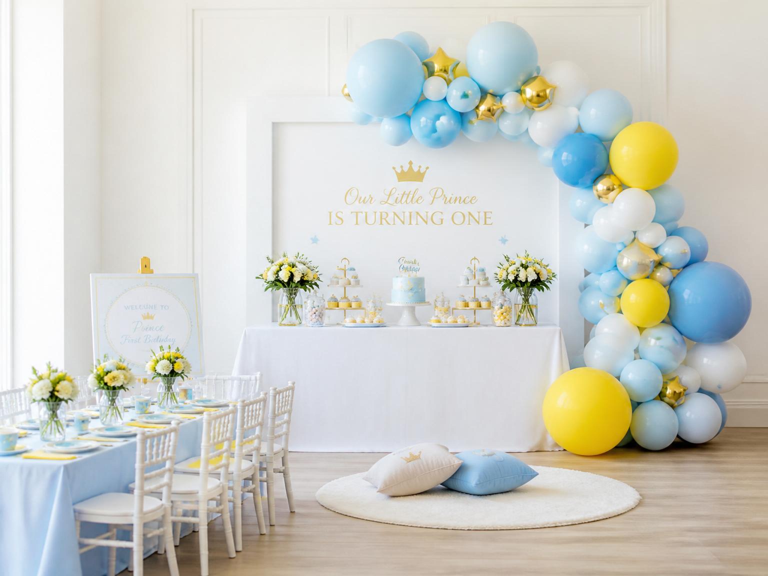 Montaje de fiesta temática con arco de globos